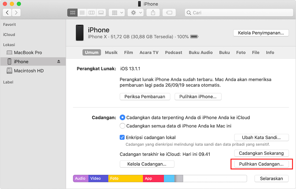 cara restore data iPhone lewat Finder / iTunes